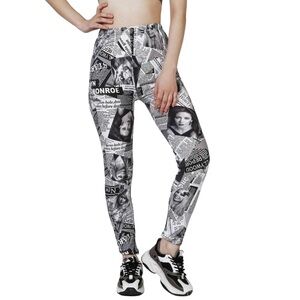 Women'S Leggings With Collage Style Printing Of Characters And Newspaper